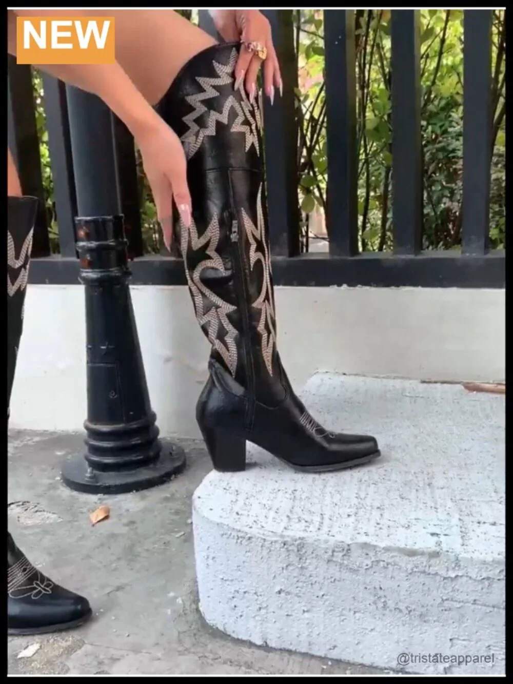 Over-the-Knee Square Toe Cowboy Boots Embroidered PU Leather Chunky Heel Zip